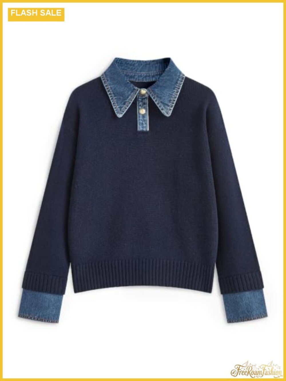 Oversized Denim Collar Polo Knit Sweater Viscose Blend Pullover